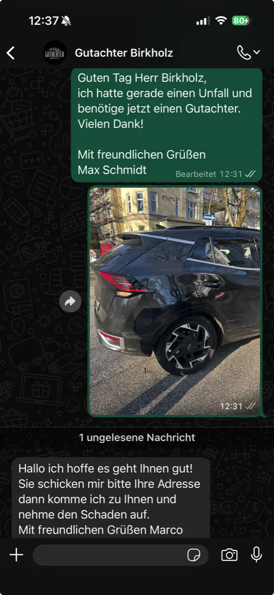 WhatsApp-Chat zwischen Kunde und Gutachter Birkholz